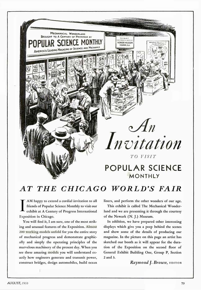 Advertisement in Popular Science Promoting Mechanical Wonderland at the Chicago Worlds Fair, August 1933