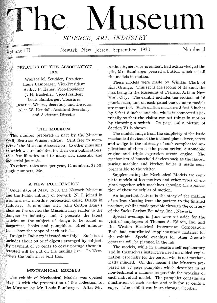 1930 Newark Museum publication mentioning Mechanical Models exhibit