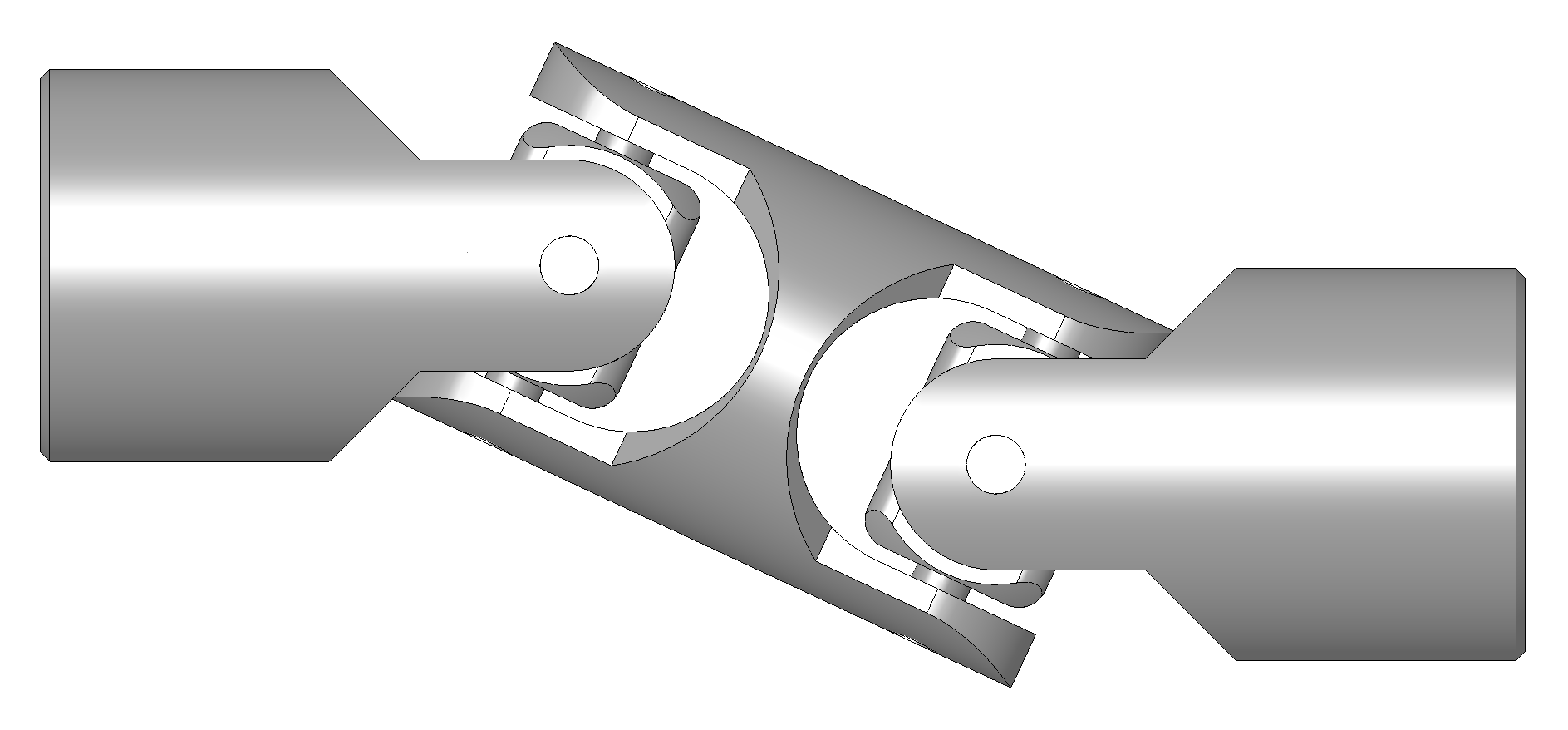 a universal joint 'spider', with one cap off, showing needle bearings