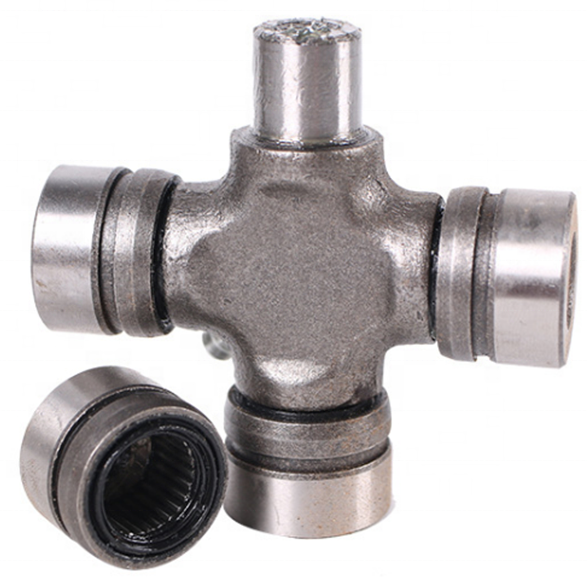 a universal joint 'spider', with one cap off, showing needle bearings